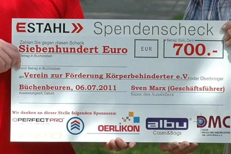 E-stahl überreicht Spendenscheck an den Verein für Körper und Mehrfachbehinderte Mainz e.V. Bild: E-stahl überreicht Spendenscheck an den Verein für Körper und Mehrfachbehinderte Mainz e.V.