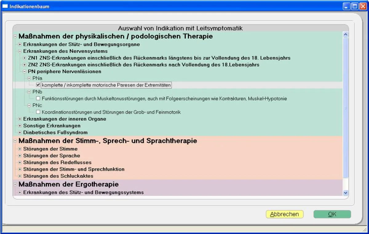TurboMed, Richtlinienkonforme Heilmittelverordnung, Screenshot der Indikations-Auswahl
