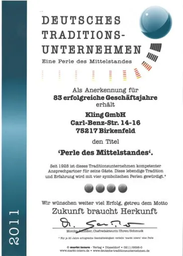Bild: Kling GmbH erhält die Auszeichnung „Deutsches Traditionsunternehmen“