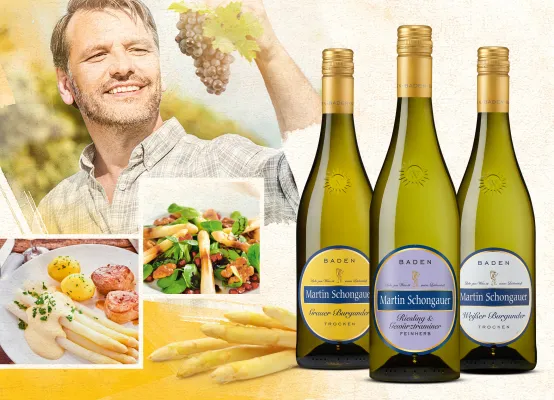 Spargel schmeckt – noch besser mit Martin Schongauer Weinen der Sonnenwinzer Bild: Spargel schmeckt – noch besser mit Martin Schongauer Weinen der Sonnenwinzer