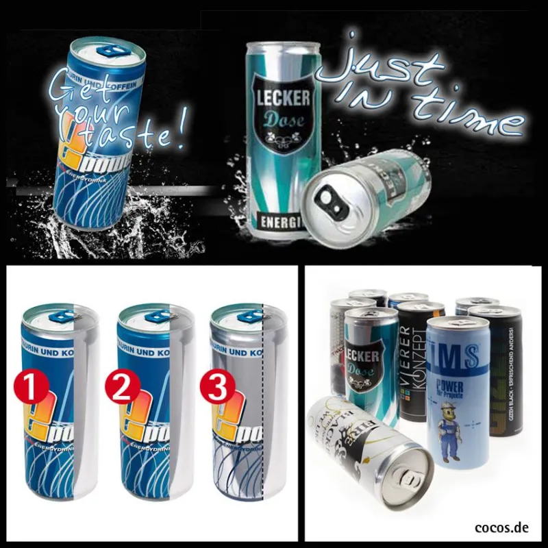 Powerdrinks in 8 Sorten, drei Bedruckungsarten