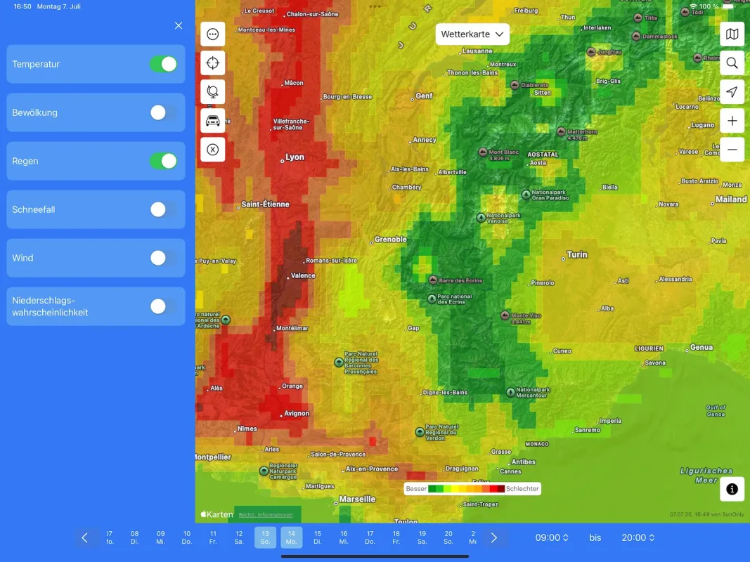 SunOnly Wetterkarte Detailansicht für Kriterien Regen + Temperatur (© Eike Reinel)