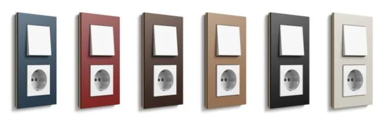 Gira Esprit: Linoleum-Multiplex, Aluminium Hellgold und Edelstahl Bild: Gira Esprit: Linoleum-Multiplex, Aluminium Hellgold und Edelstahl