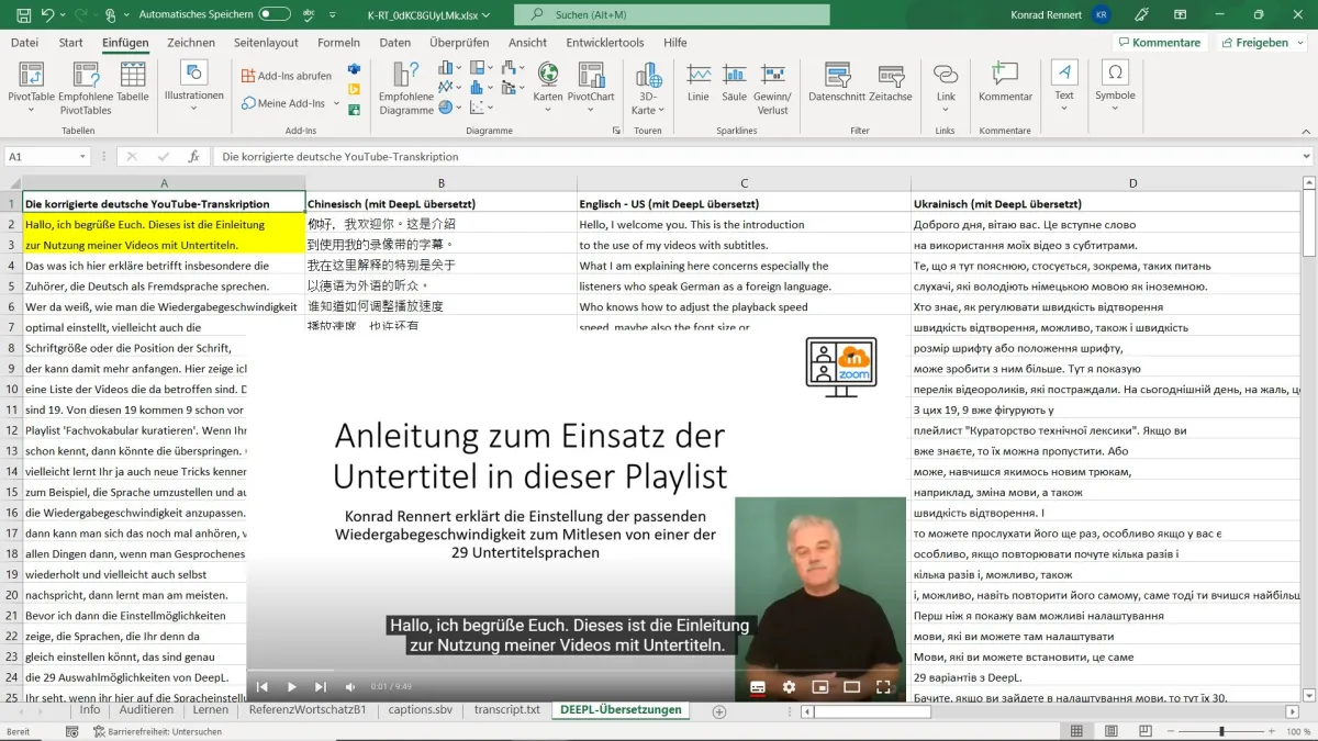 Transkripte mit verschiedenen Sprachen lassen sich gut mit Excel vergleichen (© Konrad Rennert)