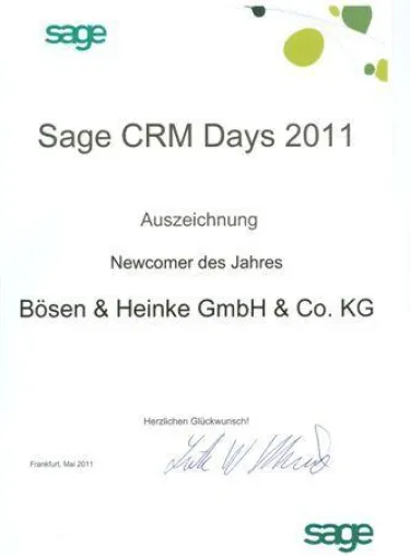 Bösen & Heinke GmbH & Co. KG erhält Auszeichnung von Sage Software Bild: Bösen & Heinke GmbH & Co. KG erhält Auszeichnung von Sage Software