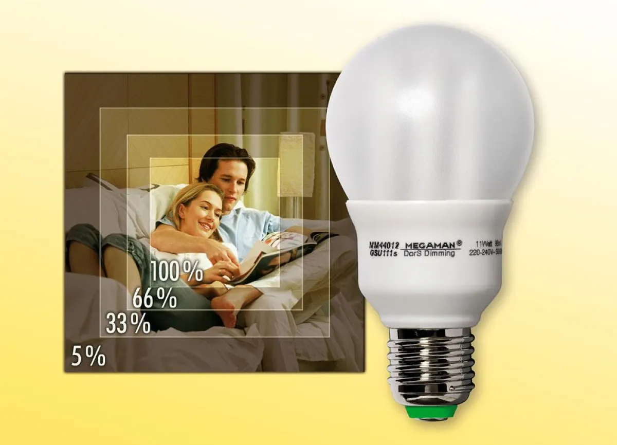 In vier Stufen mit jedem Lichtschalter dimmbar: MEGAMAN DorS  Energiesparlampe 11 Watt. Foto: MEGAMAN