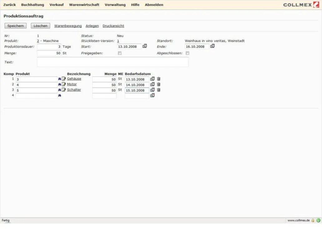 Screenshot Collmex Produktionsmodul