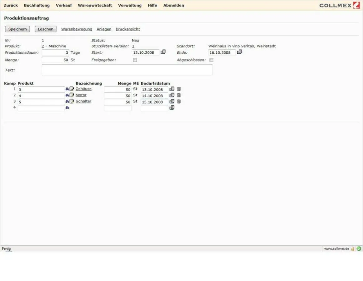 Screenshot Collmex Produktionsmodul