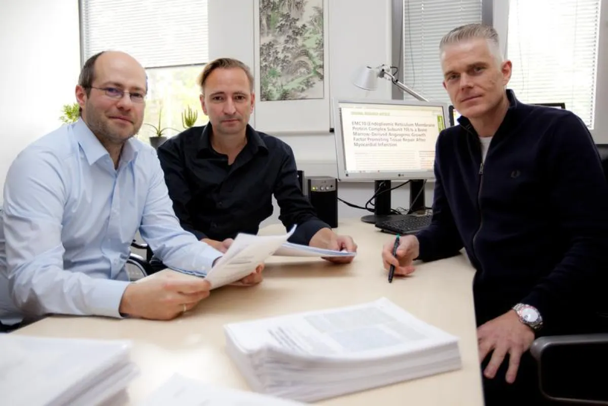 Professor Wollert, Dr. Marc Reboll und Dr. Mortimer Korf-Klingebiel, Erstautoren der Veröffentlichung, im Labor. (Quelle „MHH/Kaiser“.)