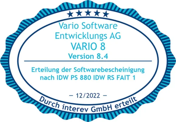 Prüfung bestanden: Die VARIO Software erhält IDW-PS-880-Zertifizierung Bild: Prüfung bestanden: Die VARIO Software erhält IDW-PS-880-Zertifizierung