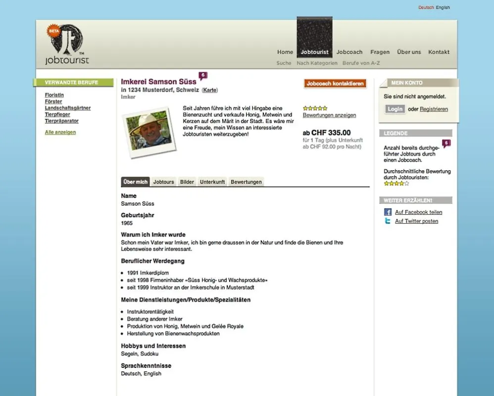 Musterprofil auf jobtourist.net