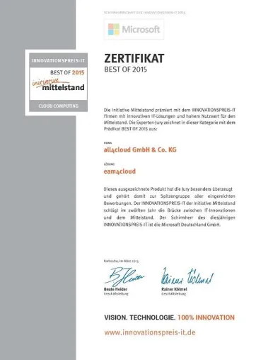 Bild: Instandhaltungslösung eam4cloud erhält Innovationspreis-IT für Cloud Computing