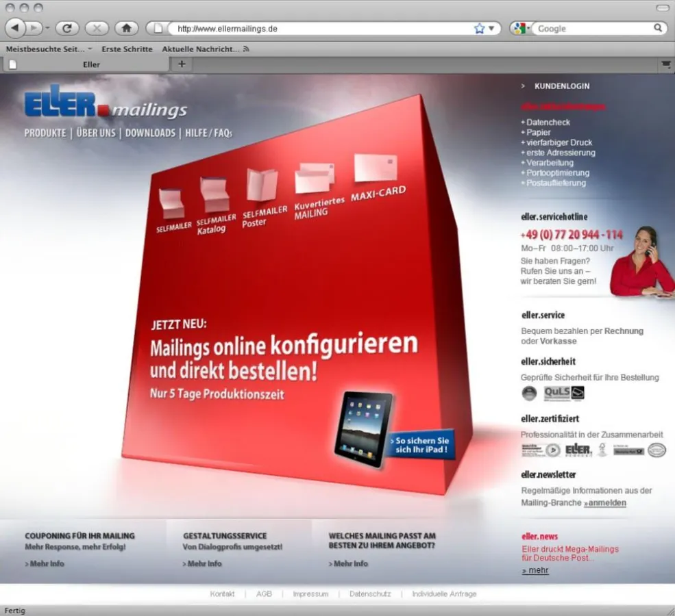 Startseite des Web-Shops ELLER-mailings.de