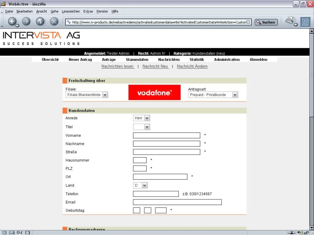 Vertragsaktivierungsbildschirm von IV::WEBACTIVE