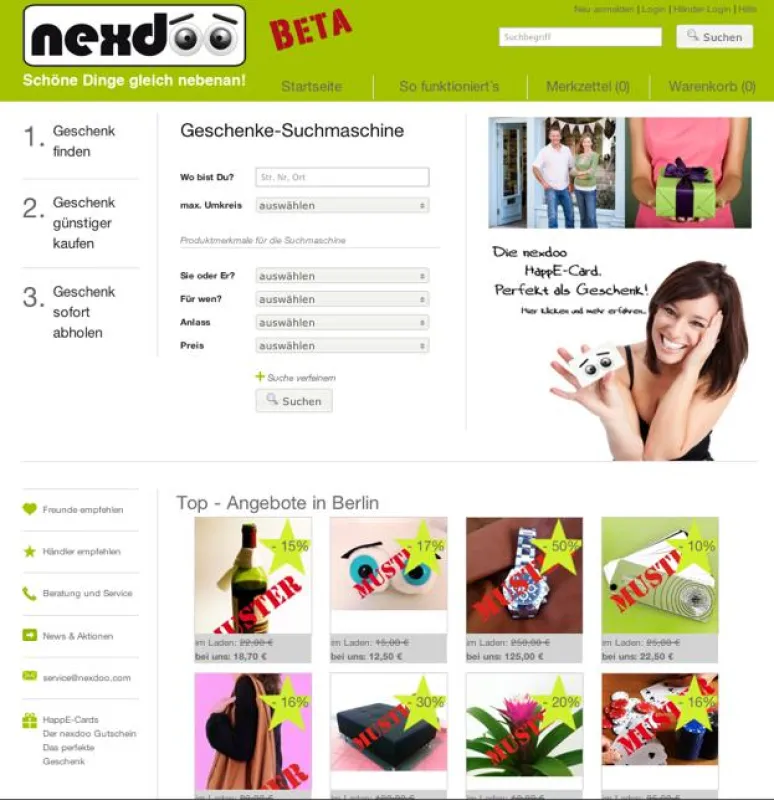 Startseite des Geschenkeportals nexdoo