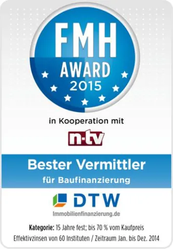 Bild: DTW-Immobilienfinanzierung ist „Bester Vermittler für Baufinanzierung“ beim FMH-Award 2015