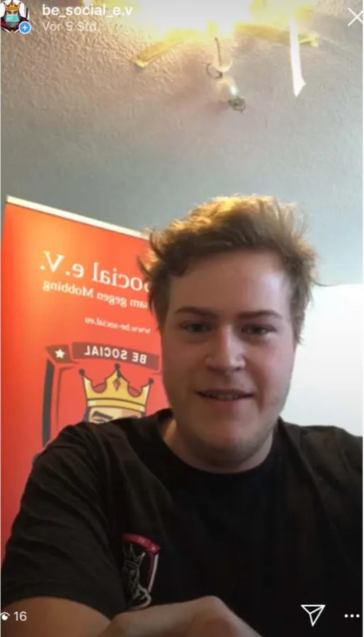 Levi Hackbarth, 1. Vorsitzender Be Social e.V. im Livestream auf Instagram