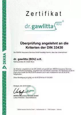 Bild: dr. gawlitta (BDU) erhält DEKRA-Zertifizierung