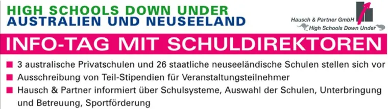 Schulaufenthalt Down Under: Info-Veranstaltungen mit Schuldirektoren am 18. und 24. April Bild: Schulaufenthalt Down Under: Info-Veranstaltungen mit Schuldirektoren am 18. und 24. April