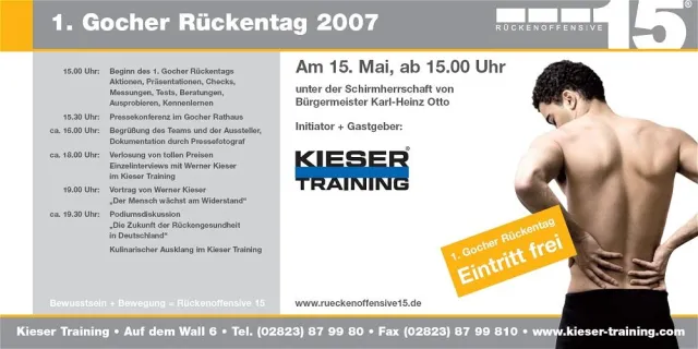 Bild: Rückenoffensive 15 mit Werner Kieser auf dem 1. Gocher Rückentag am 15. Mai 2007