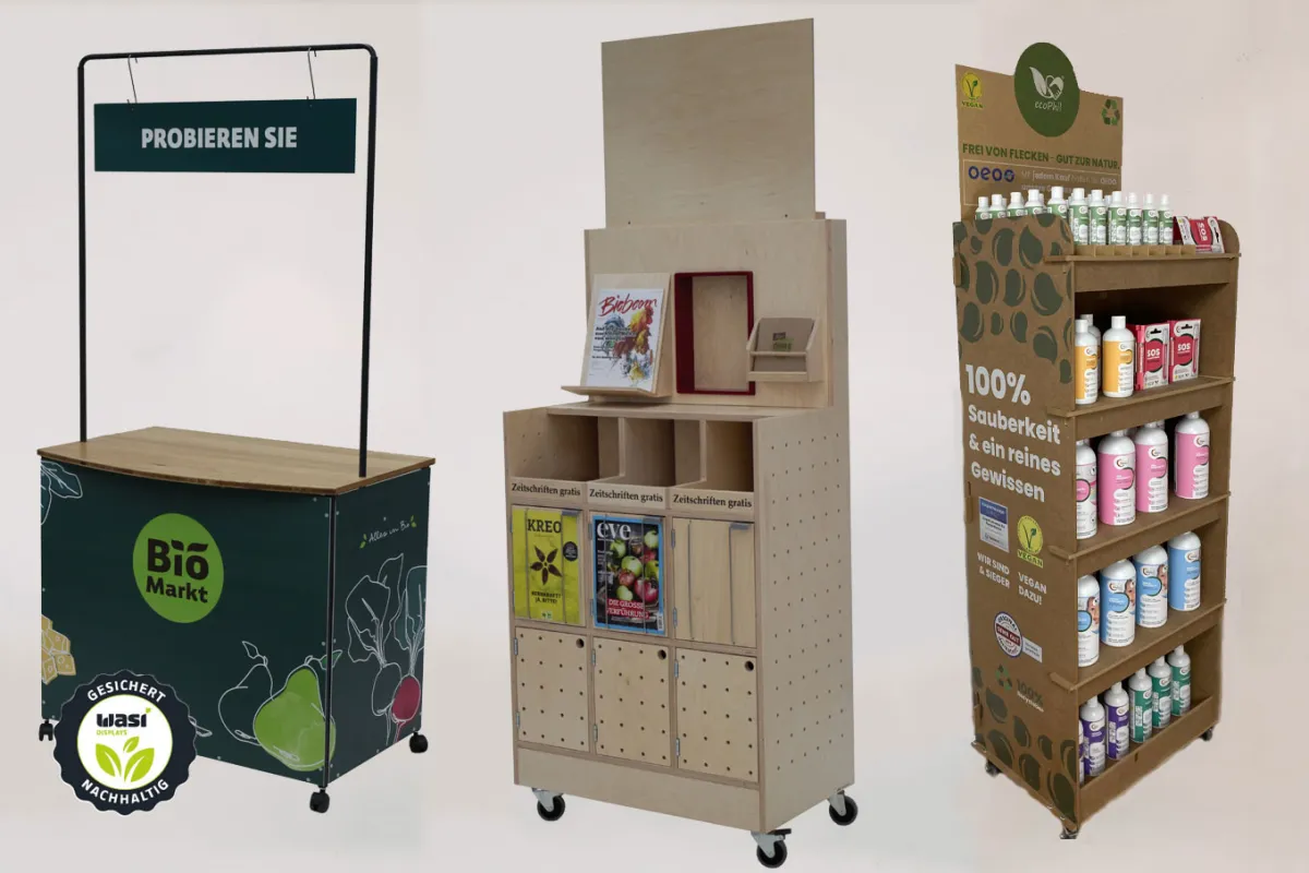 Nachhaltige Verkaufsdisplays aus Holz bietet Wasi-Displays: Alle Hölzer sind FSC-zertifiziert.