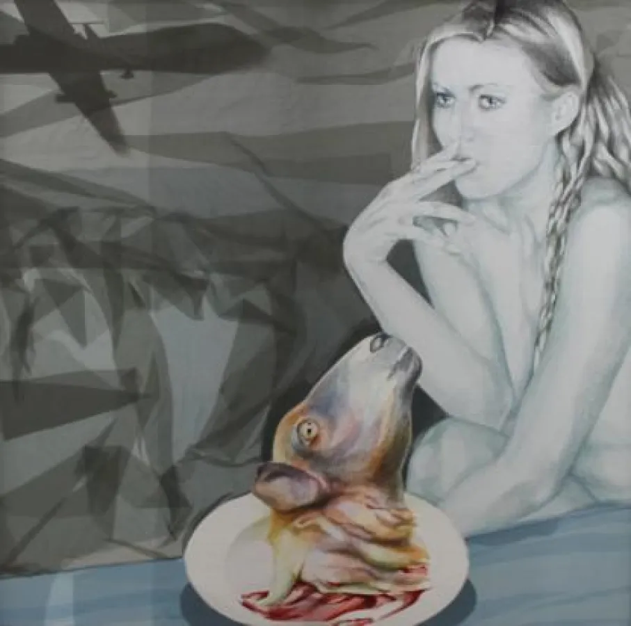 Monika Thiele, Gestürzter Engel III, Garn und Papier auf Organza, 160 x 160 cm