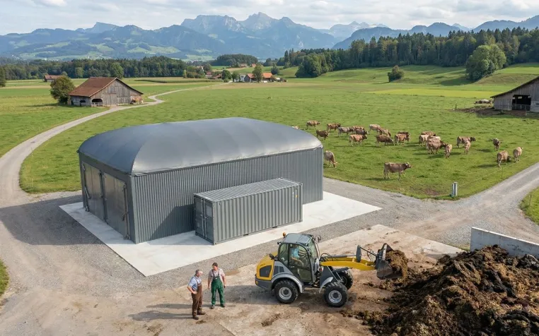 Schweizer Biogas Hofanlage. Die kompakte Lösung für Landwirtschaftsbetriebe Bild: Schweizer Biogas Hofanlage. Die kompakte Lösung für Landwirtschaftsbetriebe