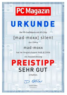 PC Magazin verleiht mad-moxx Urkunde für ultraleise Highend-Grafikkarte Bild: PC Magazin verleiht mad-moxx Urkunde für ultraleise Highend-Grafikkarte