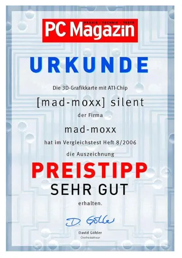 Bild: PC Magazin verleiht mad-moxx Urkunde für ultraleise Highend-Grafikkarte