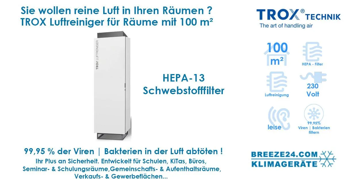 TROX Luftreiniger mit HEPA 13 Luftfilter für 100 m² Fläche