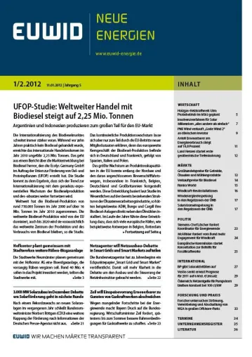 Internationalisierung des Biodieselmarktes schreitet immer stärker voran – EUWID NE 1/2.2012 erschienen Bild: Internationalisierung des Biodieselmarktes schreitet immer stärker voran – EUWID NE 1/2.2012 erschienen