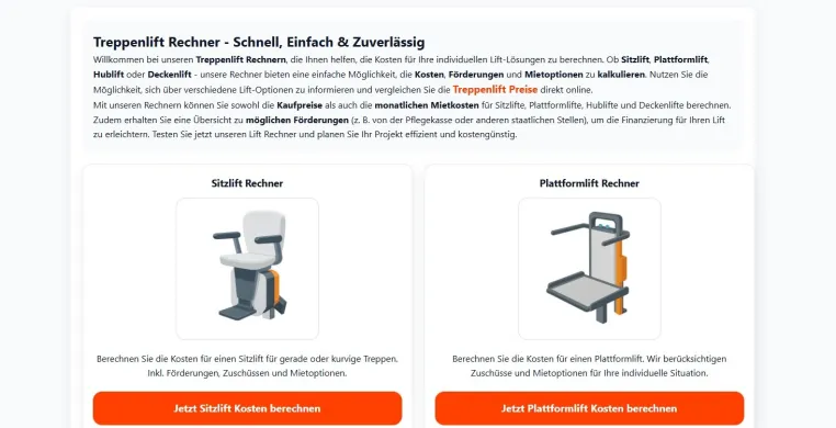 Treppenlift-Rechner ist live: Schnell & unverbindlich Preise für Sitz-, Hublift & Co. berechnen Bild: Treppenlift-Rechner ist live: Schnell & unverbindlich Preise für Sitz-, Hublift & Co. berechnen