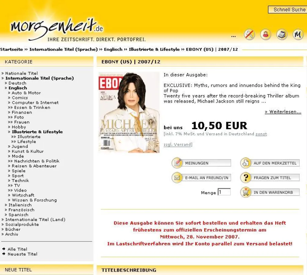 US-Magazin Ebony, Dezember-Ausgabe Nr. 12/2007, bei morgenheit.de