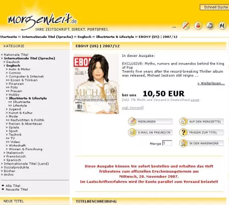 Bild: US-Magazin Ebony bei deutschen Michael Jackson Fans heiß begehrt