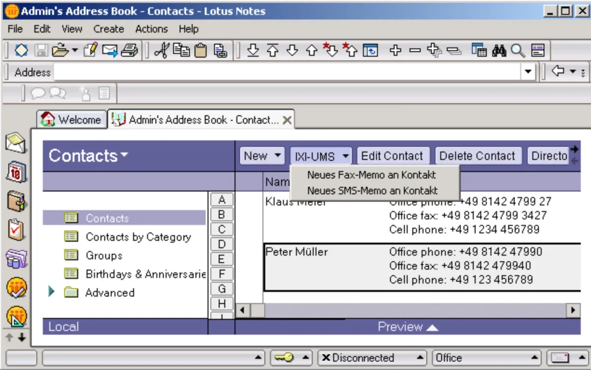 Mit den serVonic IXI-UMS Client Tools kann der Benutzer beispielsweise direkt aus den Kontakten heraus ein neues Fax oder eine neue SMS senden. Er markiert den Kontakt und wählt „Neues Fax-Memo an Kon