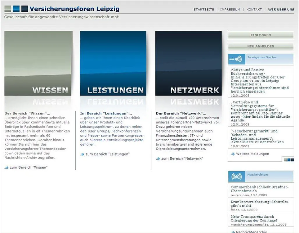 Die Startseite mit der klaren Trennung in die Bereiche Wissen, Leistungen und Netzwerk