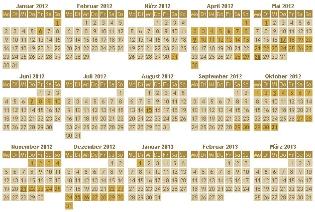 Feiertage und Brückentage in Deutschland 2012