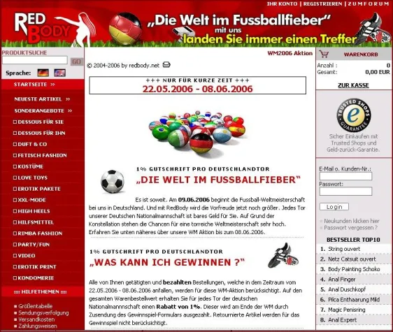 Fußball-Aktion im RedBody Online-Shop: 1 % Gutschrift pro Deutschlandtor Bild: Fußball-Aktion im RedBody Online-Shop: 1 % Gutschrift pro Deutschlandtor