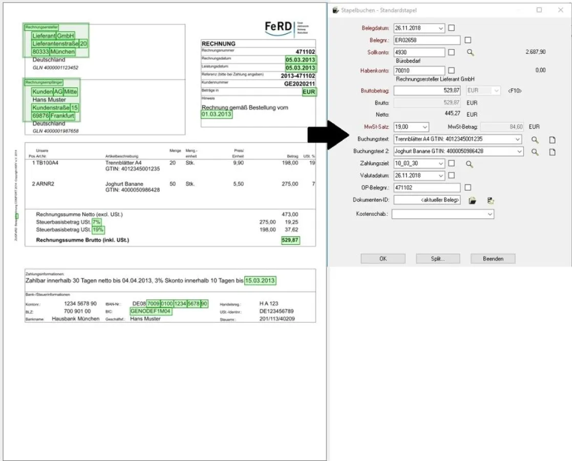 Hier wird eine ZUGFeRD-Rechnung eingelesen und daraus eine Buchung extrahiert (Belegkontierung)