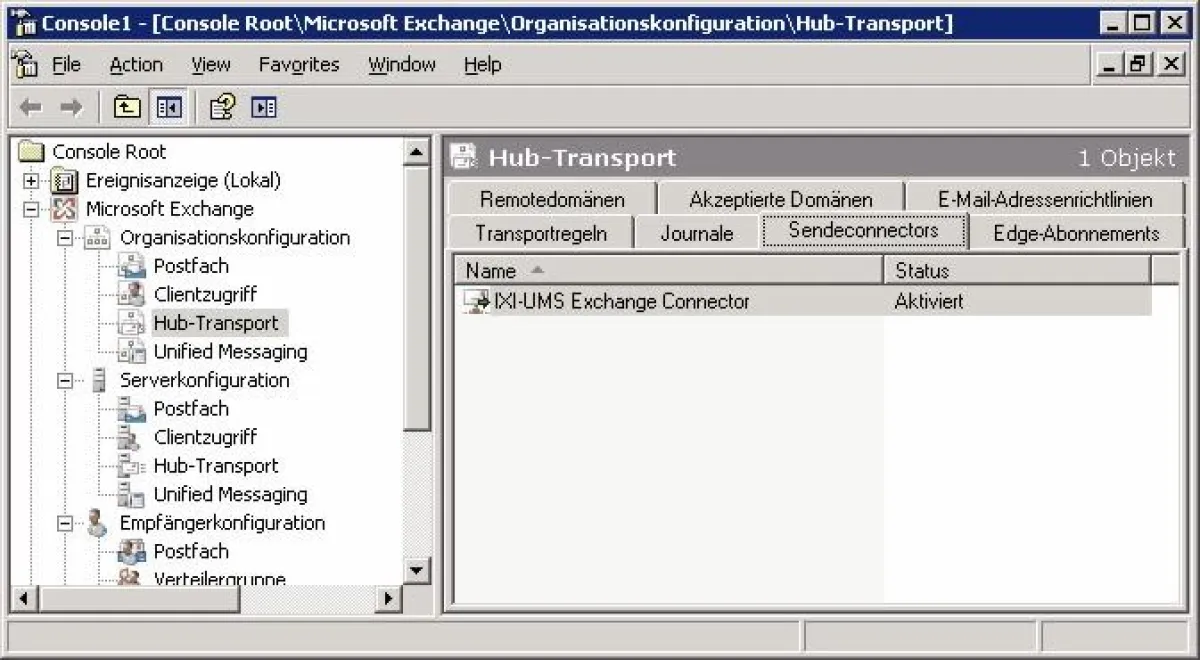 Um UM-Nachrichten aus Microsoft Exchange 2007 an den IXI-UMS Exchange 2007 Connector zu routen, muss dieser in der Exchange Management Console als Sendeconnector hinzugefügt werden