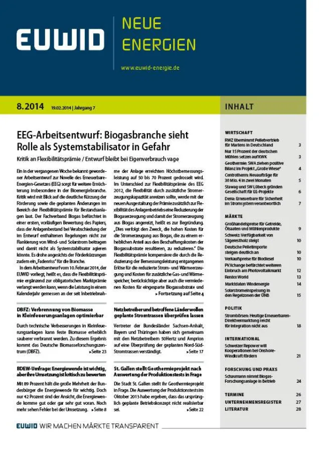 EUWID Neue Energien 8/2014 ist am 19. Februar 2014 erschienen