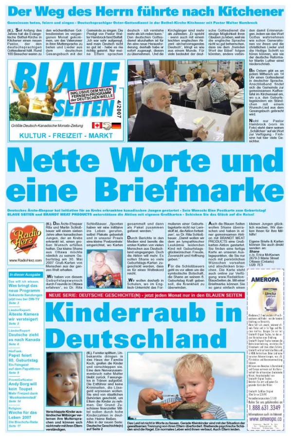 Titel Ausgabe 4-2007 der größten deutsch-kanadischen Monatszeitung BLAUE SEITEN