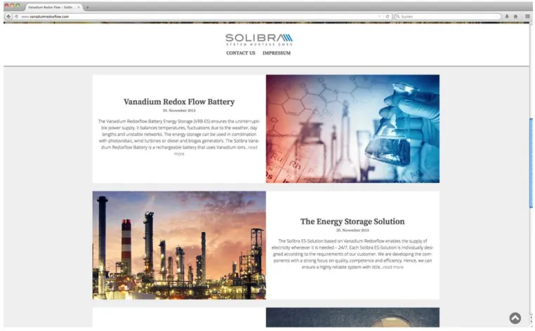 Solibra System Montage GmbH: Homepage des Vanadium Redox Flow Energiespeichers im neuen Design Bild: Solibra System Montage GmbH: Homepage des Vanadium Redox Flow Energiespeichers im neuen Design