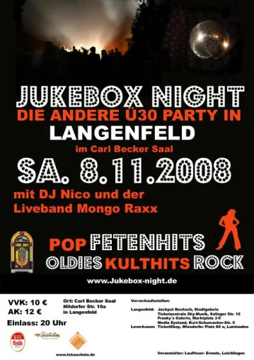 Bild: Ü 30 Party "Jukebox-night" in 40764 Langenfeld, Carl Becker Saal, Hitdorfer Str. 10