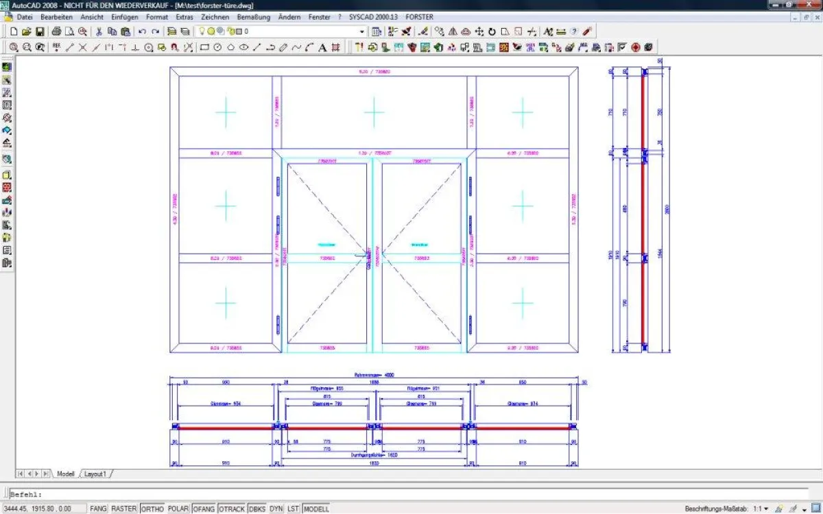 Ansicht und Schnitte einer Türanlage mit Forster fuego light