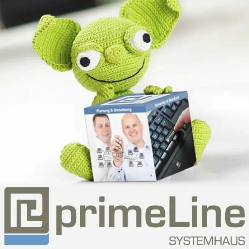 E.Gino, das Maskottchen der primeLine Solutions, präsentiert stolz das neue primeLine Systemhaus