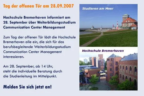 Hochschule Bremerhaven informiert über Weiterbildungsstudium Communication Center Management Bild: Hochschule Bremerhaven informiert über Weiterbildungsstudium Communication Center Management