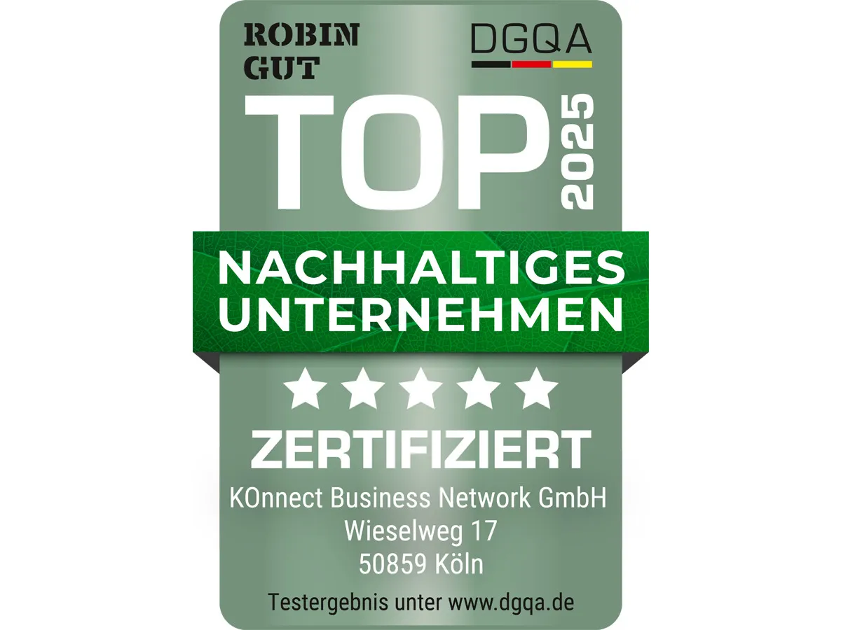 Die KOnnect Business Network GmbH erhält die Zertifizierung „Nachhaltiges Unternehmen“ (© DGQA - Deutsche Gesellschaft für Qualitätsanalysen mbH)