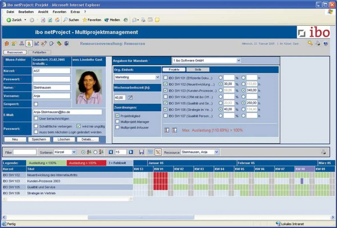 Ansicht Ressourcenplanung in ibo netProject