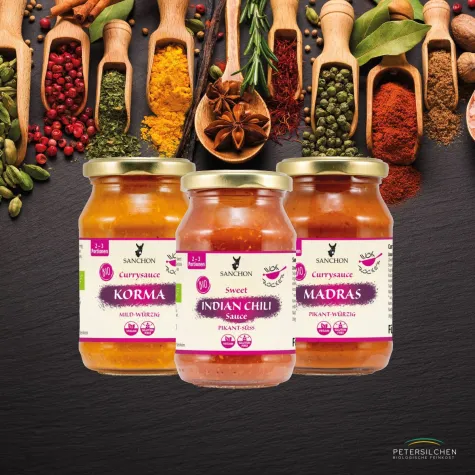 NEU: Die richtige Sauce macht´s - Sanchon präsentiert seine Saucen KORMA, MADRAS und SWEET INDIAN CHILI  Bild: NEU: Die richtige Sauce macht´s - Sanchon präsentiert seine Saucen KORMA, MADRAS und SWEET INDIAN CHILI